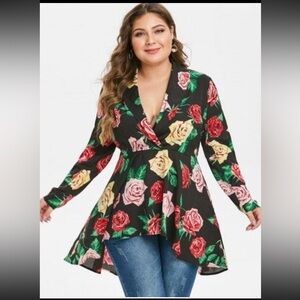 Plunging Neck High Low Multi-Colored Floral Blouse (3X/20)